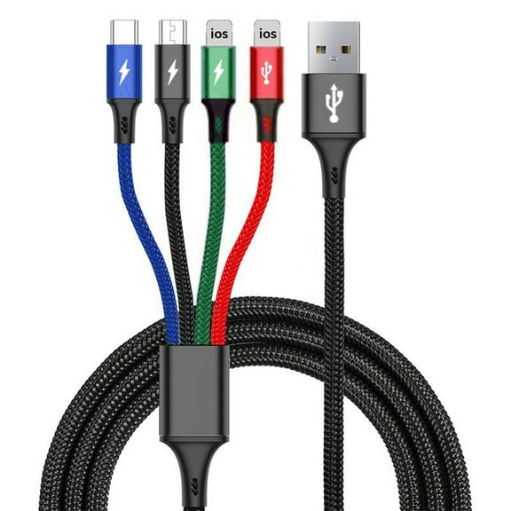 4 in 1 Braided Multi Fast Charging Cord, Multiple Charger USB Cable Adapter IP/Type C/Micro Port for Cell Phones, Series, Tablets, Samsung Galaxy, PS & More