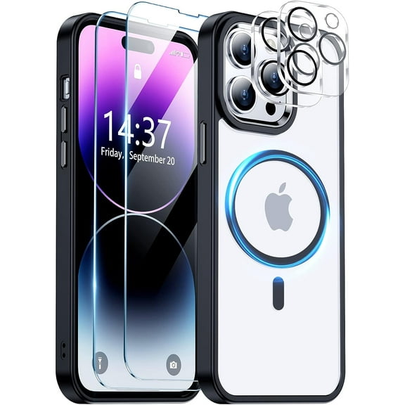4 in 1 Bundle Case Designed for Apple iPhone 15 Pro Max Clear Magnetic Case with 2 Tempered Glass and 1 Camera Lens, Shockproof Transparent Magnetic Crystal Clear Case for Apple iPhone 15 Pro Max