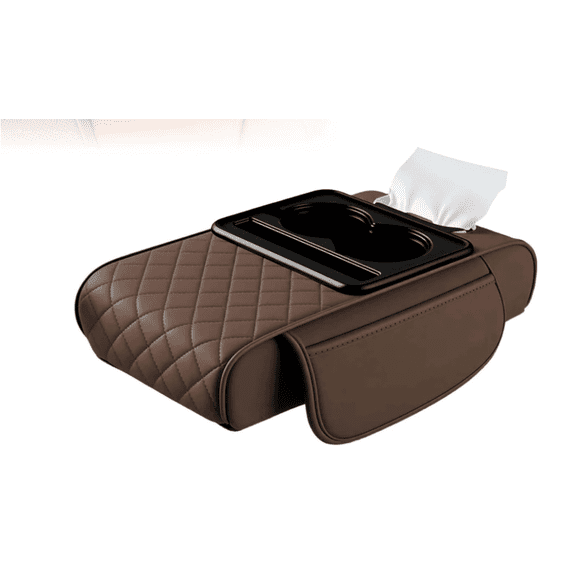 4 in 1 Car Center Console Cover, Faux Leather Memory Foam Armrest Cushion Pillow with 2 Storage Pockets Cup Holder Tissue Slot, Universal Fit Auto Interior Organizer Car Accessories (Coffee Brown)M