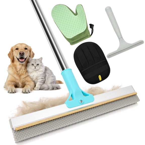 4 In 1 Carpet Rake For Pet Hair Removal - Reusable Glove Dog Cat Remover  Contain 23-54" Rubber Broom Silicone Comb Gloves Magic Brush And Small Scraper Sofa Rugs Mats