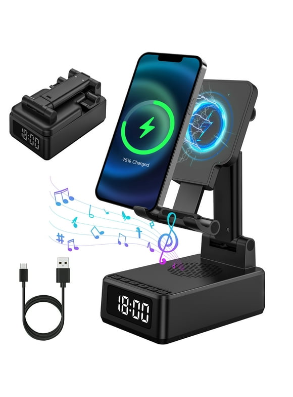 4 in 1 Cell Phone Stand with Wireless Bluetooth Speaker/Wireless Charger/Clock, Anti-Slip Base HD Stereo Sound Bluetooth Speaker for Home, Office, Outdoor Compatible with iPhone/ipad/Samsung Galaxy