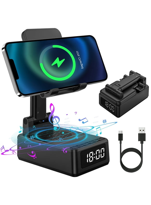 4 in 1 Cell Phone Stand with Wireless Bluetooth Speaker/Wireless Charger/Led Clock, Anti-Slip, HD Surround Sound for Home Outdoors, Bluetooth Speaker for Desk Compatible iPhone/ipad/Samsung Galaxy