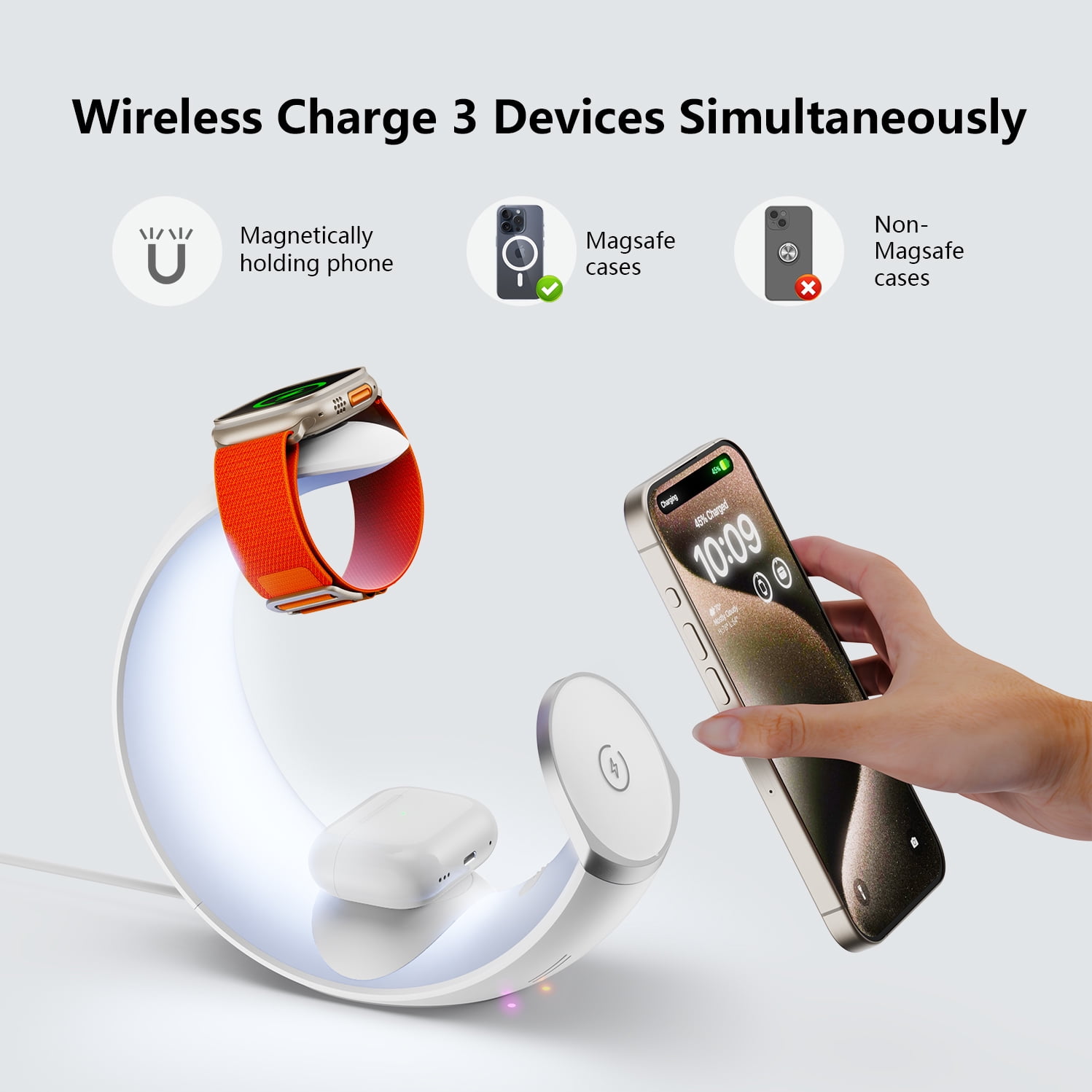 4 in 1 Charging Station for Apple Magnetic Wireless Charger for iPhone 16 15 14 13 12 11 9 8 All Series with RGB Night Light & for Apple Watch Charger & for AirPods 4 with ANC/3/2/Pro