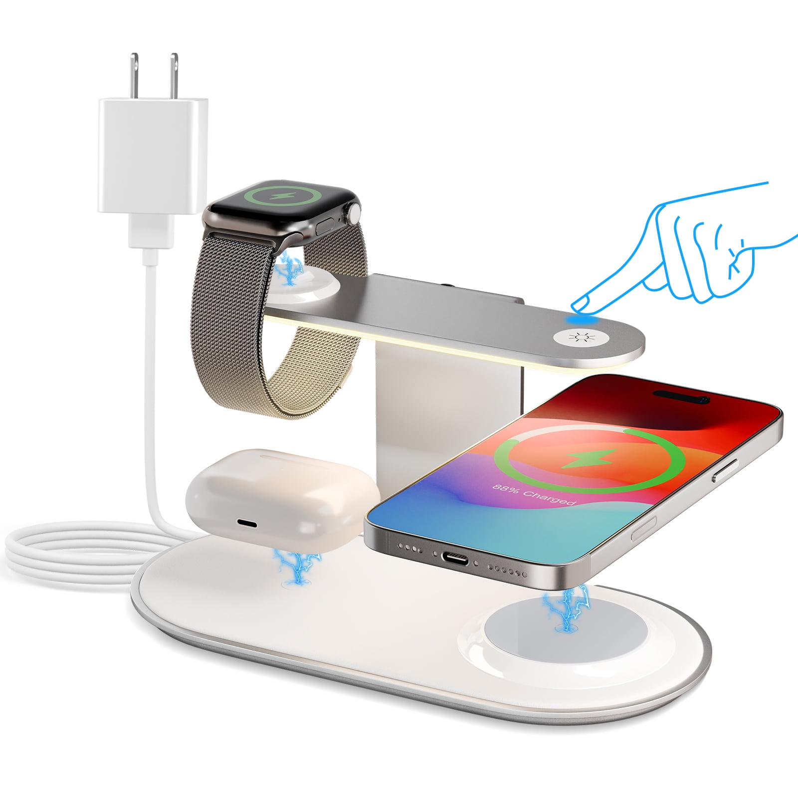 4 in 1 Charging Station,MagSafe Wireless Charger with Three Level soft Night Light 15W Max Fast Charging for iPhone 17 16 15 14 13 12,for iWatch Series for AirPods,USB-C Charger Included,White