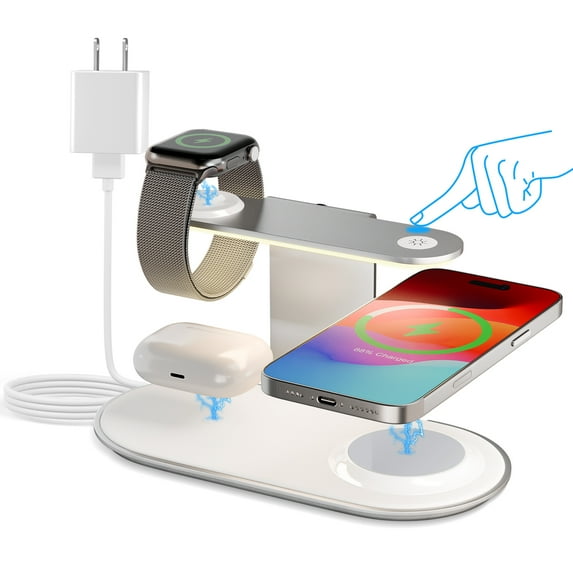 4 in 1 Charging Station,MagSafe Wireless Charger with Three Level soft Night Light 15W Max Fast Charging for iPhone 17 16 15 14 13 12,for iWatch Series for AirPods,USB-C Charger Included,White