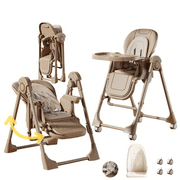 4 in 1 Convertible Baby High Chair Baby Swings Foldable Infant Feeding Chair Dining Chair with Removable Tray,5-Point Harness,Universal Wheels ,PU Leather for Babies to Toddlers,Khaki