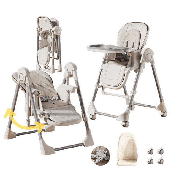 4 in 1 Baby High Chair Foldable Infant Feeding Chair Dining Chair with Removable Tray,5-Point Harness,Universal Wheels ,PU Leather for Babies to Toddlers,White