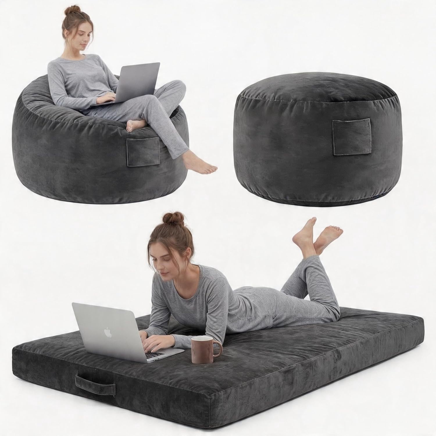 4 in 1 Convertible Bean Bag Chair Bed for Adults 4ft Large Beanbag Chair with High Memory Foam Filler and Removable Cover, Oversized Comfy Flannel Bean Bag Couch Bed Lazy Sofa for Adults Teen
