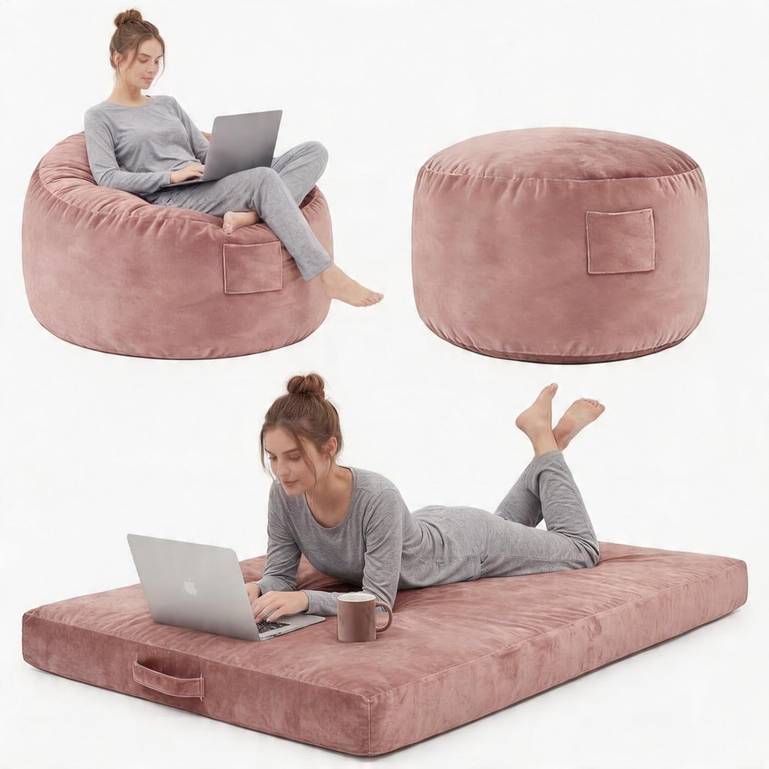 4 in 1 Convertible Bean Bag Chair Bed for Adults 4ft Large Beanbag Chair with High Memory Foam Filler and Removable Cover, Oversized Comfy Flannel Bean Bag Couch Bed Lazy Sofa for Adults Teen