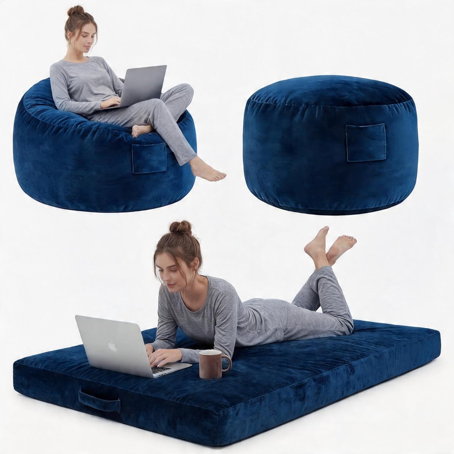 4 in 1 Convertible Bean Bag Chair Bed for Adults 4ft Large Beanbag Chair with High Memory Foam Filler and Removable Cover, Oversized Comfy Flannel Bean Bag Couch Bed Lazy Sofa for Adults Teen