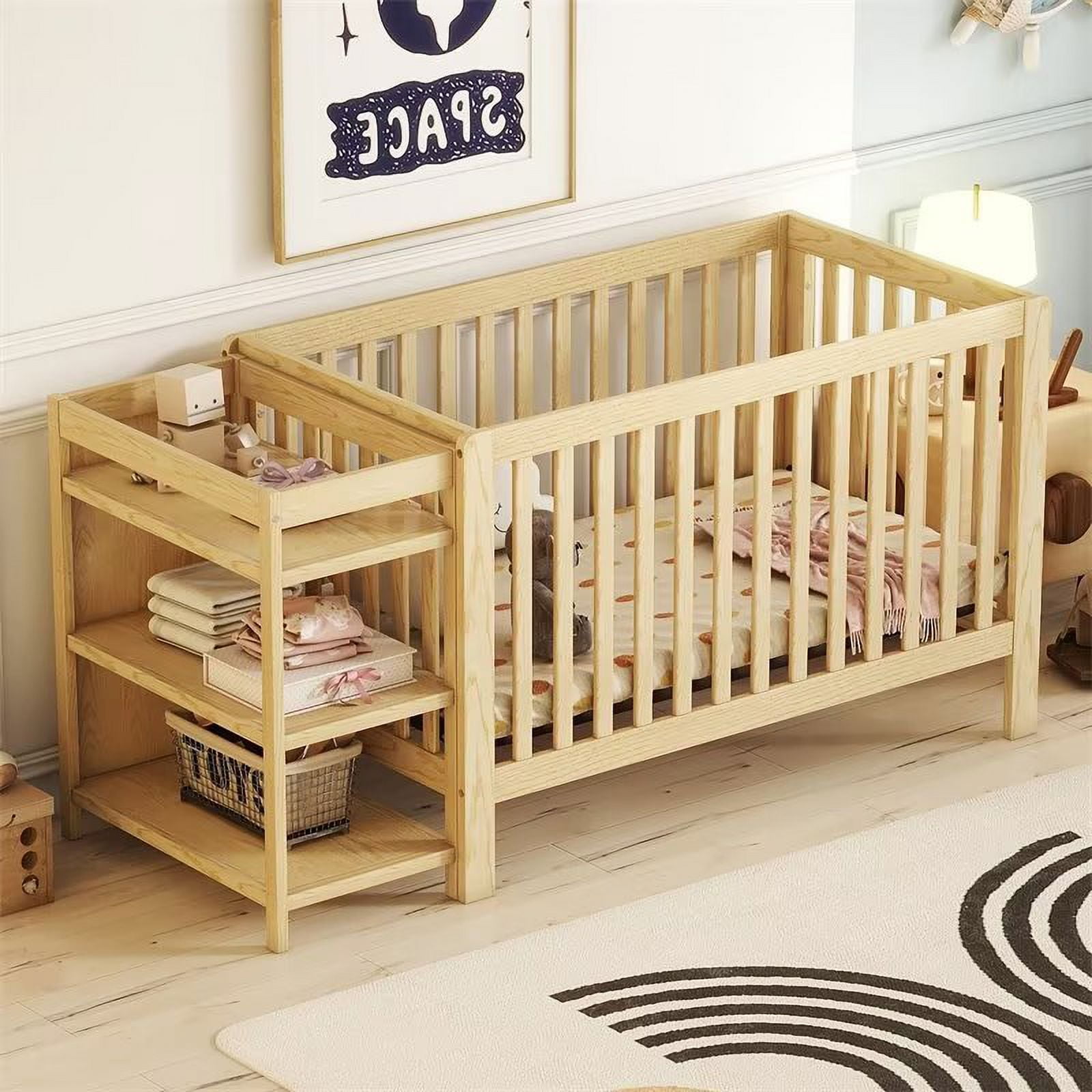 4 in 1 Convertible Crib with Changing Table Converts from Baby Crib to Toddler Bed, Daybed or