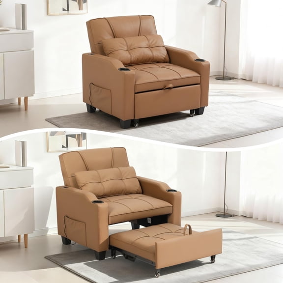 4 in 1 Convertible Sleeper Chair Pull Out Bed,Single Sofa Recliner with Plug-in Vibration Massage Lumbar Pillow,USB,Cup Holders,Side Pockets, Adjustable Backrest,Space Saving for Living Room Bedroom