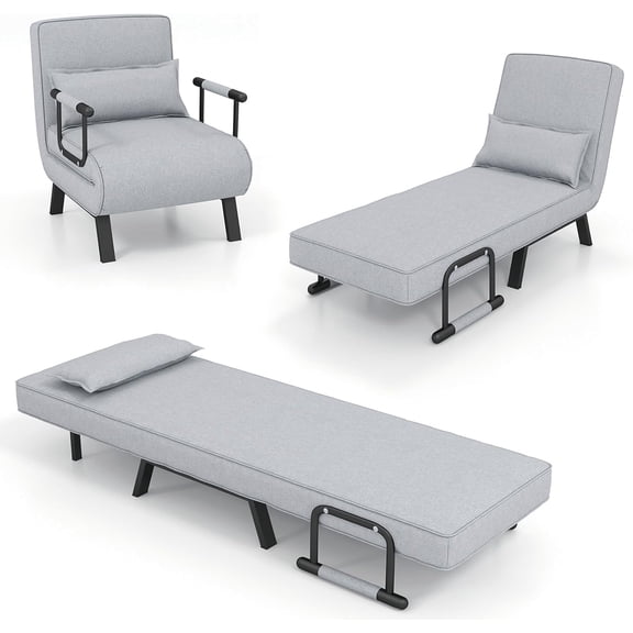 4 in 1 Convertible Sofa Bed Sleeper Chair, Folding Sofa Arm Chair with Pillow and 6 Position Adjustable Backrest, Full Padded Lounger Couch Bed for Home/Office (Light Grey)