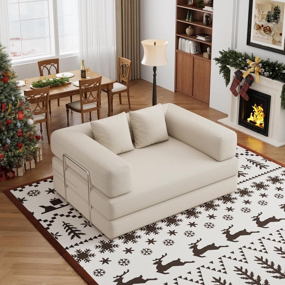 4 in 1 Convertible Sofas Boneless Couches with 2 Pillow Corduroy Futon Bed Modular Queen Sofa Pull Out LoveSeat for Living Room Small Space Apartment Beige 53.15"Double