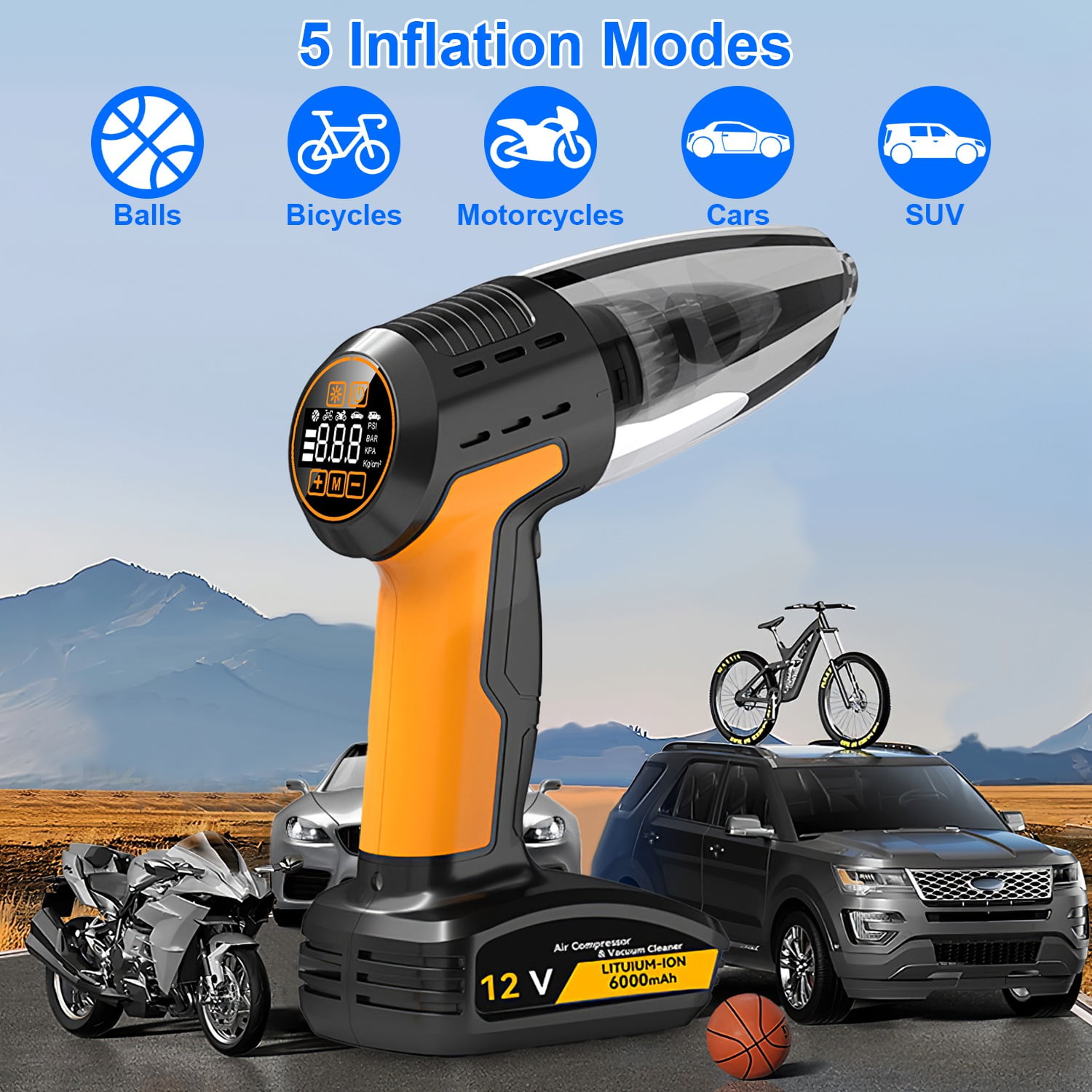 4 in 1 Cordless Car Vacuum Cleaner and Tire Inflator Portable Air Compressor with Digital Pressure Gauge 5 Inflation Modes Suction Handheld Rechargeable Vac for Car Truck SUV Ball Emergency Roadside