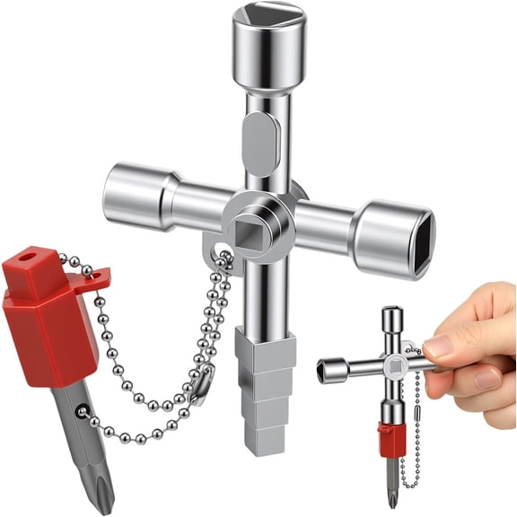 4 In 1 Cross Key Wrench, Zinc Alloy Utility Key for Water Meter Valve, Multi Interface Tool with PH2/SL6 Bit & Hex Socket for Elevators, Electrical Cabinets, Utility Access(RL)