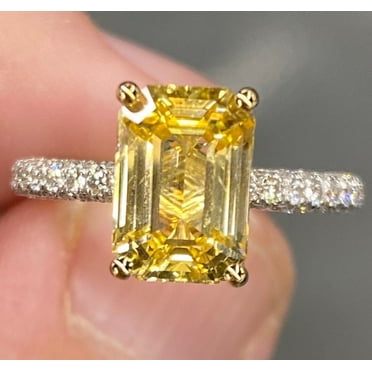 4.1 Ctw Vivid Yellow Ceylon Sapphire & Pave Diamond Gemstone 925 Sterling Silver Elongated Engagement Gift Ring