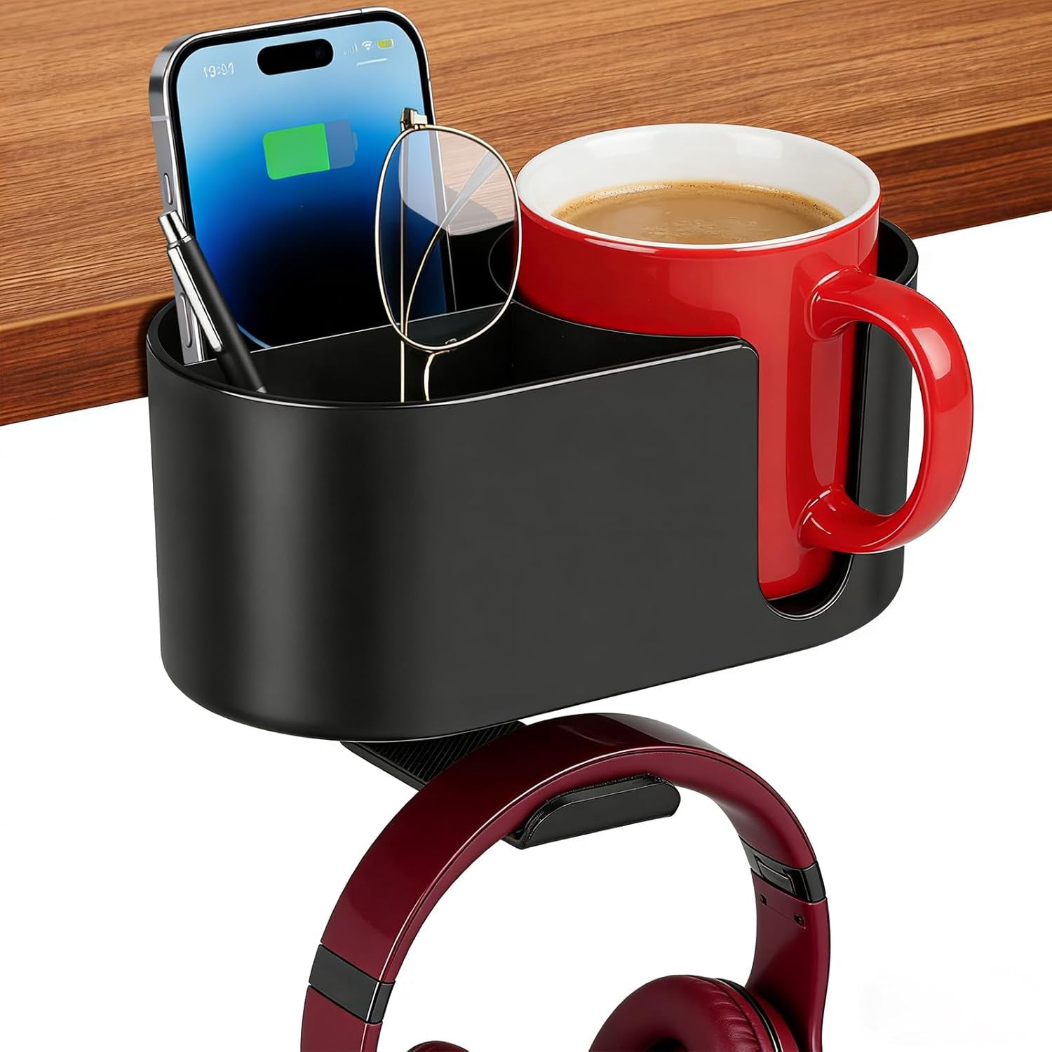 4 in 1 Desk Cup Holder, Clamp On Drink Holder with Headphone Hanger, Anti-Spill Clip on Desk Organizer for Pen Phone Mug, Gaming Office Desk Accessories fits Most Desks
