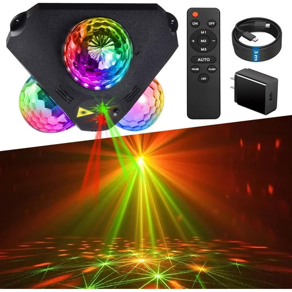 4 in 1 Disco Ball DJ Party Lights, 3 RGB Disco Lights+Red and Green Pattern Lamp Strobe Lighting for Home Room Dance Parties Birthday Karaoke Halloween Christmas Wedding Show Club Decorations
