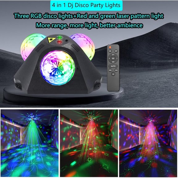 4 in 1 Disco Ball DJ Party Lights, 3 RGB Disco Lights+Red and Green Pattern Lamp Strobe Lighting for Home Room Dance Parties Birthday Karaoke Halloween Christmas Wedding Show Club Decorations