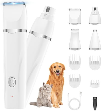 4 in 1 Dog Clippers, Low Noise Pets Hair Clipper Grooming Kit, Cordless Dog Paw Trimmers Rechargeable Quiet Nail Grinder Shaver for Dogs Cats Trimming Hair Around Paws Eyes Ears Face Rump