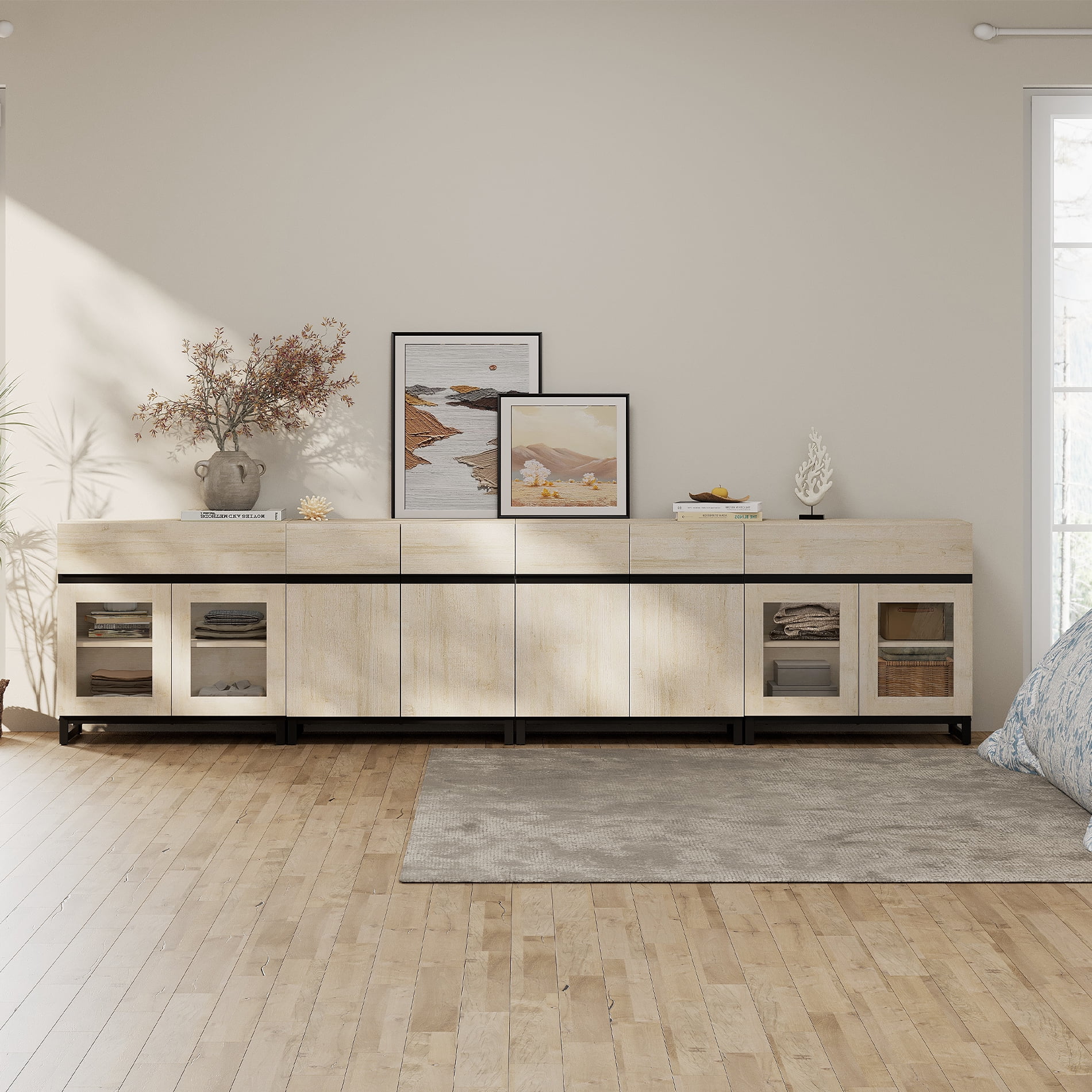 4 In 1 Dresser with Glass Doors and 2 Drawers, Modern Storage Chest with Adjustable Shelf & Metal Base, Multifunctional Closet Organizer for Bedroom Living Room,Beige