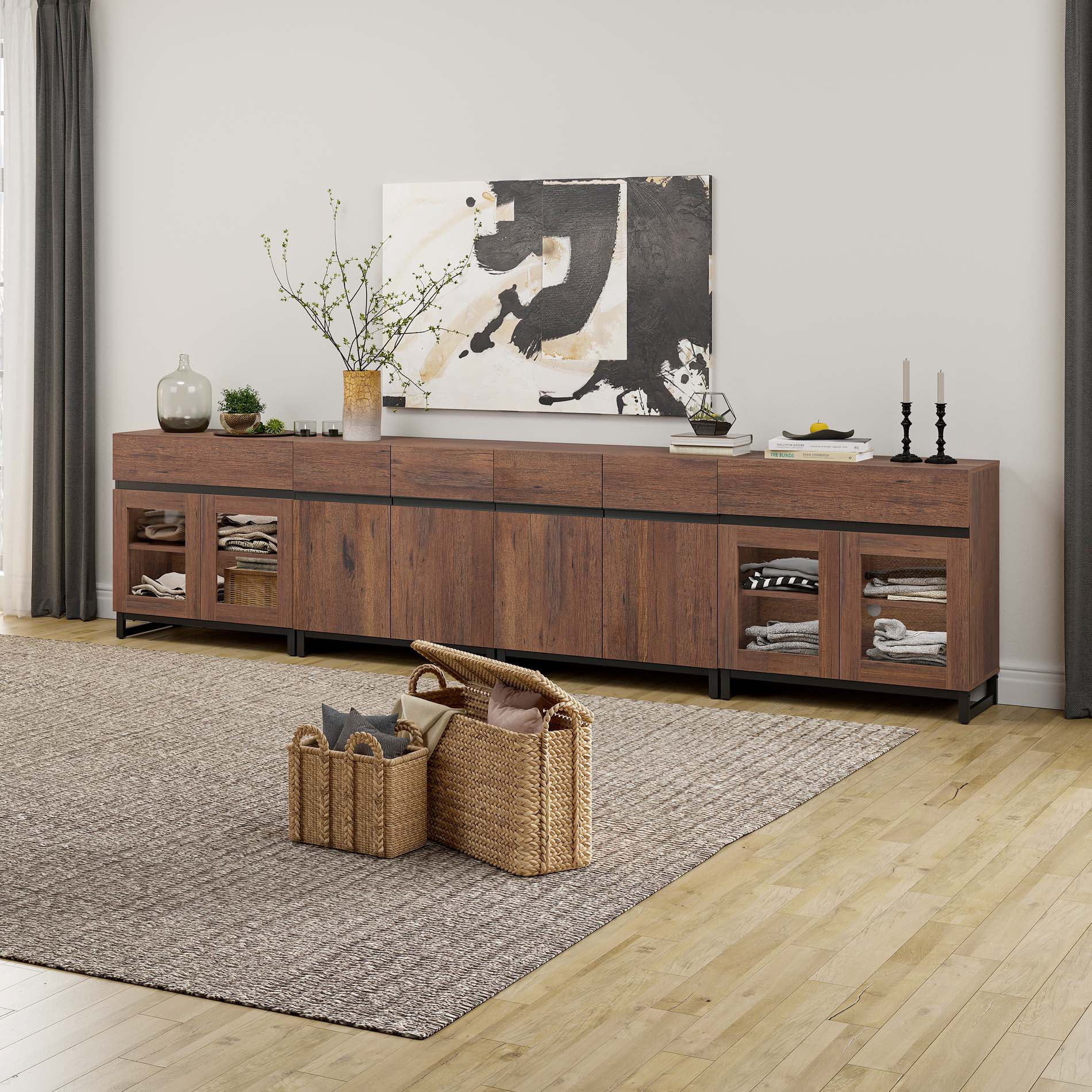 4 In 1 Dresser with Glass Doors and 2 Drawers, Modern Storage Chest with Adjustable Shelf & Metal Base, Multifunctional Closet Organizer for Bedroom Living Room,Brown