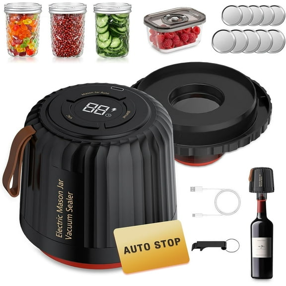 4 in 1 Electric Mason Jar Vacuum Sealer Kit,Kitchen Must Haves Can Sealer Machine for Food Storage Vacuum Bag Box Wine Bottle 8oz and 16oz Mason Jars(black, 86PRO)