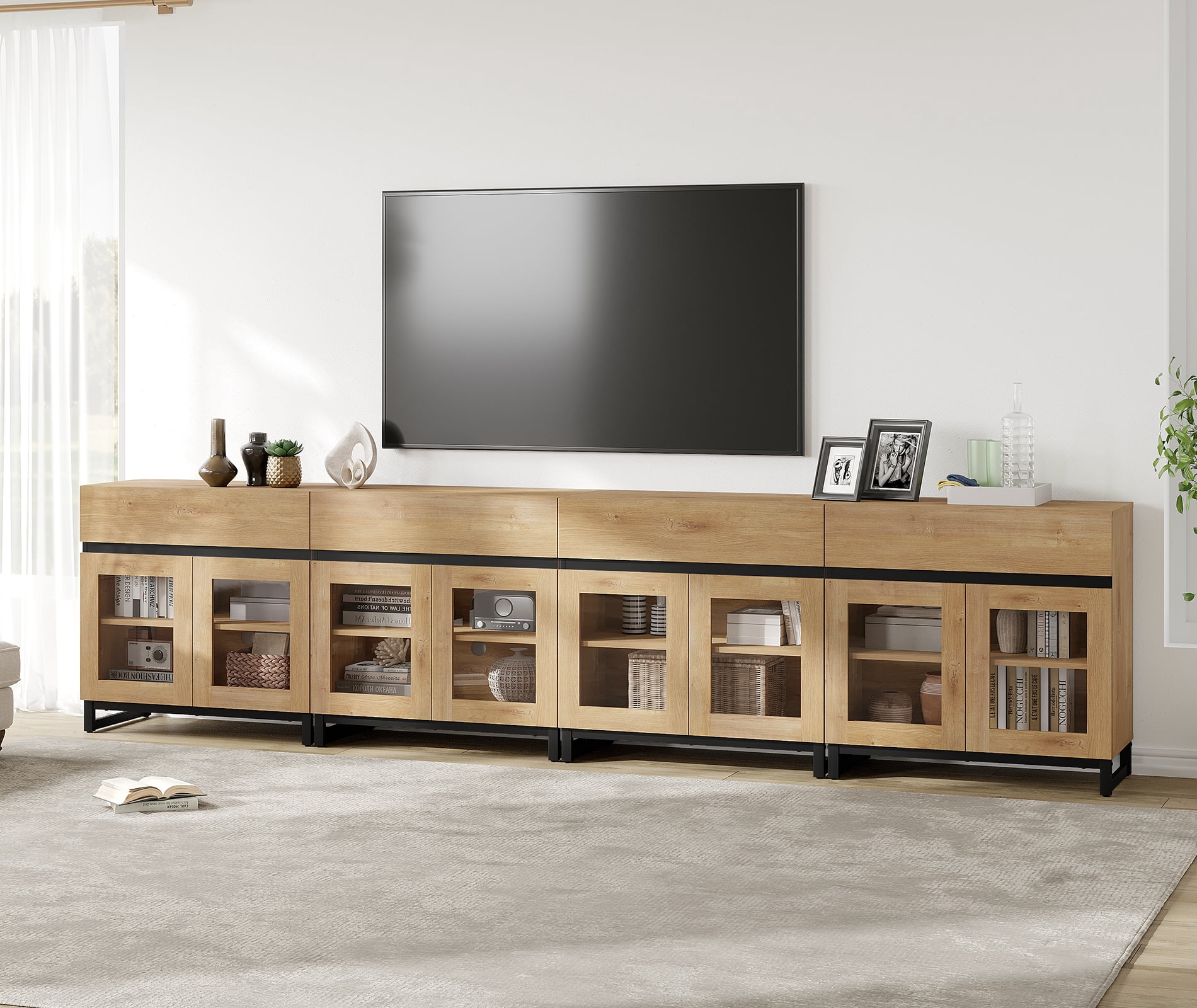 4 in 1 Extra Long Modern TV Stand with Glass Doors, Combination Entertainment Console with 4 Drawers and Stable Metal Base, Fit for 120 Inch Large TVs, Oak Finish for Living Room