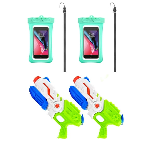4 in 1 Family Splash Pack: 2-Pack Cellphone Waterproof Dry Pouches with Lanyards PLUS 2 High-Pressure Water Soaker Blaster – Ultimate Beach & Pool Combo Set