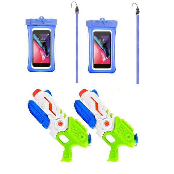 4 in 1 Family Splash Pack: 2-Pack Cellphone Waterproof Dry Pouches with Lanyards PLUS 2 High-Pressure Water Soaker Blaster – Ultimate Beach & Pool Combo Set