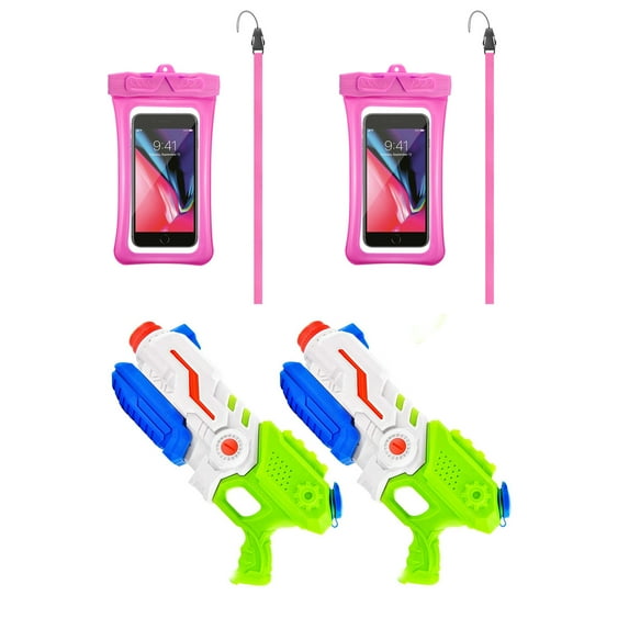 4 in 1 Family Splash Pack: 2-Pack Cellphone Waterproof Dry Pouches with Lanyards PLUS 2 High-Pressure Water Soaker Blaster – Ultimate Beach & Pool Combo Set