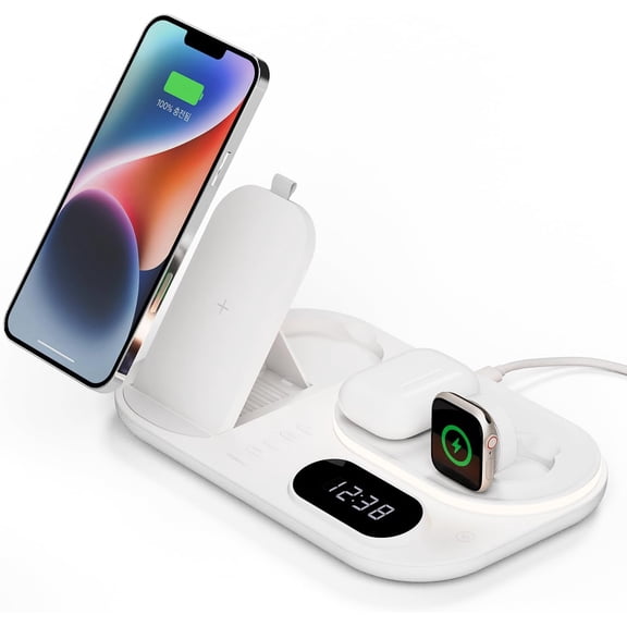 4 in 1 Fast Wireless Charger Nightlight Clock, 4 in 1 Wireless Charging Stat with LED Clock, Compatible with iPhone 17 16, Galaxy S26 S25 and Newer, Airpods, Galaxy Buds, Apple Watch
