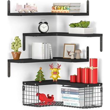 4+1 Floating Corner Shelves with Wire Storage Basket, Corner Wall Shelves Rustic Wood for Bathroom, Kitchen, Bedroom, Living Room, Office, Corner Shelf Wall Mounted Black