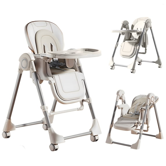 4 in 1 Foldable Baby High Chair Baby Swings Combo,Convertible Infant Dining Chair with Universal Wheels,PU Leather,Baby Feeding Chair for Toddlers and Babies,White