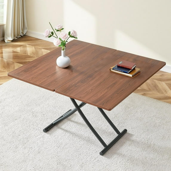 4 in 1 Folding Dining Table, Modern Coffee Table with Walnut Textured Desktop & Black Metal Legs, Multifunctional Office Table, Rectangular Dressing Table for Living Room, Dining Room, Office