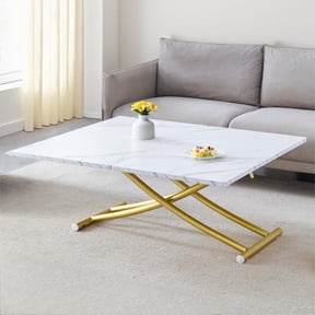 4 in 1 Folding Dining Table, Modern Coffee Table with White Faux Marble Desktop & Gold Metal Legs, Multifunctional Office Table, Rectangular Dressing Table for Living Room, Dining Room, Office