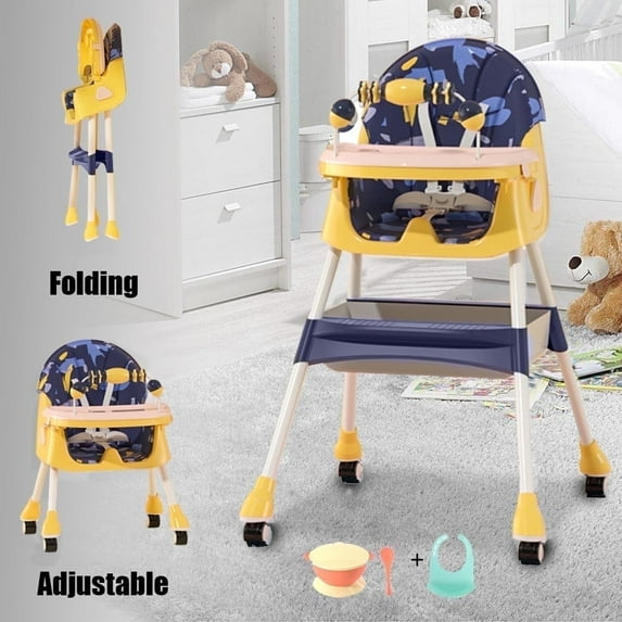 Magic 4-in-1 Infant High Chair, Child Feeding Chair, Telescopic Removable Tray, Removable Universal Wheels, Toy Shelf, Graffiti blue