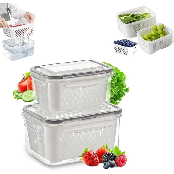 KQLULU Gray Plastic Silicone Stackable Fruit Food Storage Container with Removable Colander, 2 Count