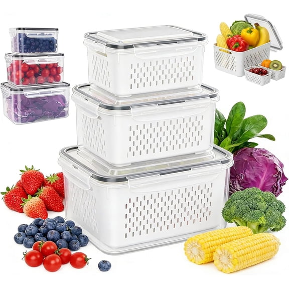 4 in 1 Food Storage Container, 3PCS Fruit Storage Containers for Fridge, Household Transparent Plastic Food Storages Box-Including Drain Basket, Fridge with Removable Colander
