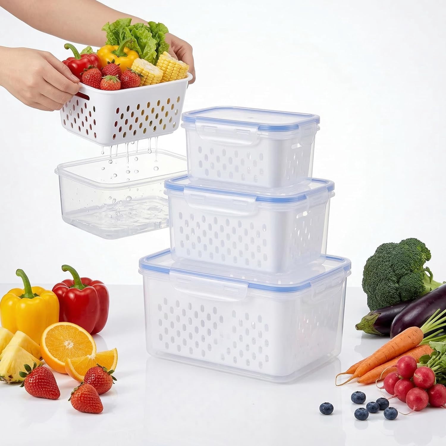 4 in 1 Food Storage Container for Fridge, Produce Keeper with Lid and Removable Strainer, Multipurpose Large Fruit & Vegetable Storage with Drain Basket (Blue)