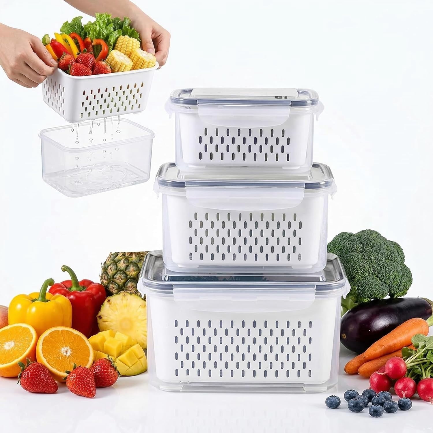 4 in 1 Food Storage Container for Fridge, Produce Keeper with Lid and Removable Strainer, Multipurpose Large Fruit & Vegetable Storage with Drain Basket (Gray)