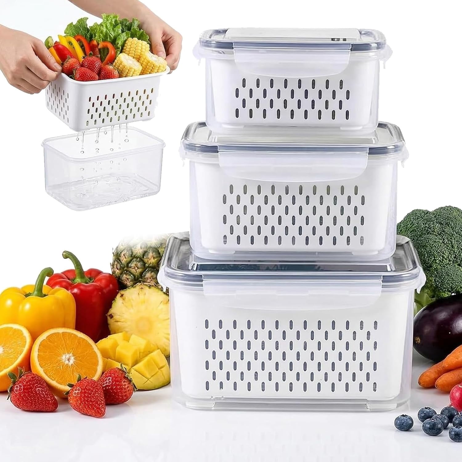 4 in 1 Food Storage Container for Fridge Produce Keeper with Lid and Removable Strainer Vegetable Storage ＆ Multipurpose Large Fruit with Drain Basket (3pcs Black)