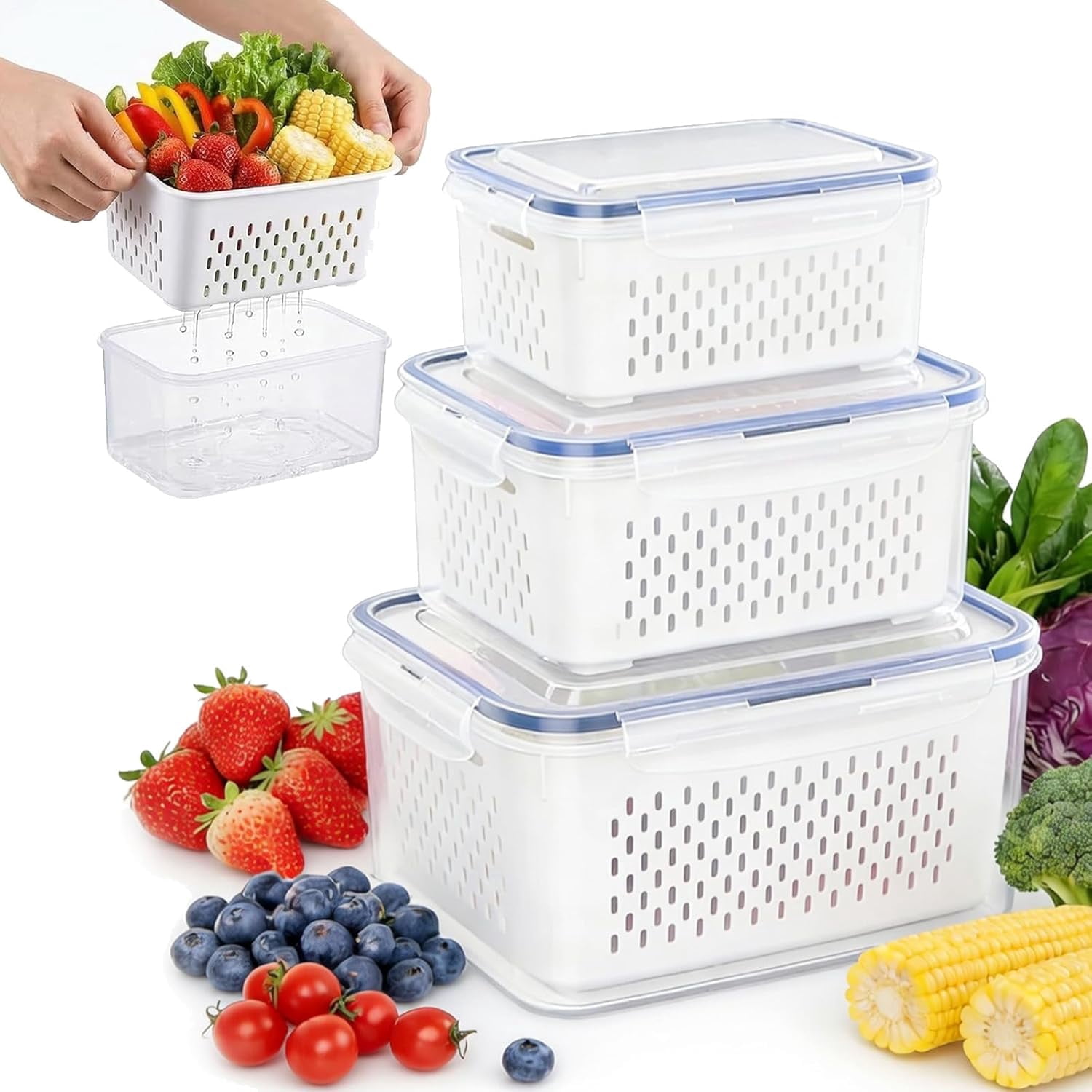 4 in 1 Food Storage Container for Fridge Produce Keeper with Lid and Removable Strainer Vegetable Storage ＆ Multipurpose Large Fruit with Drain Basket (3pcs Blue)