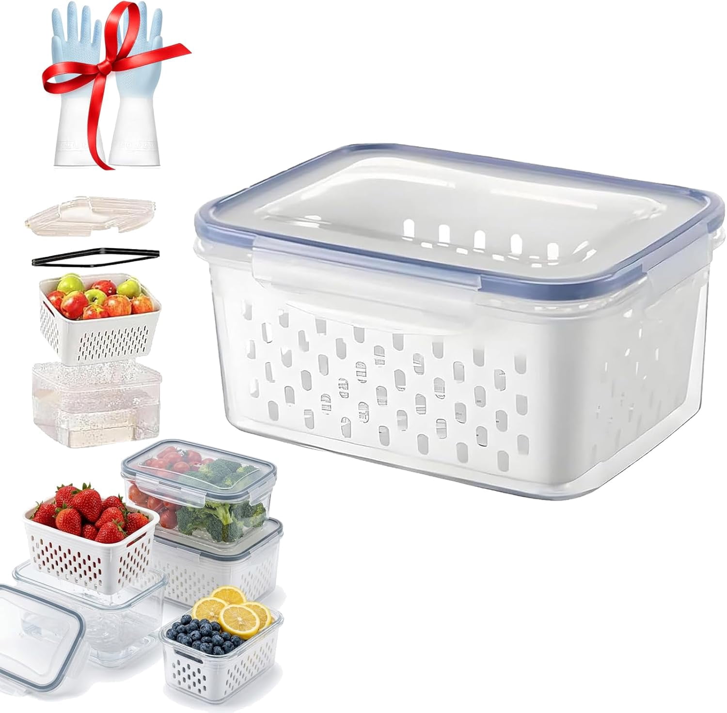 4 in 1 Food Storage Container for Fridge, Produce Storage Container with Lid, Strainer and Drain Basket, Fruit and Vegetable Keeper, Kitchen Organizer