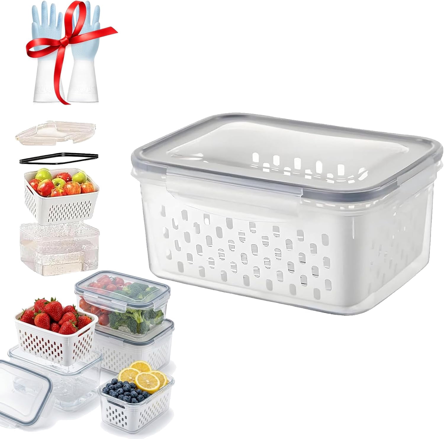 4 in 1 Food Storage Container for Fridge, Produce Storage Container with Lid, Strainer and Drain Basket, Fruit and Vegetable Keeper, Kitchen Organizer