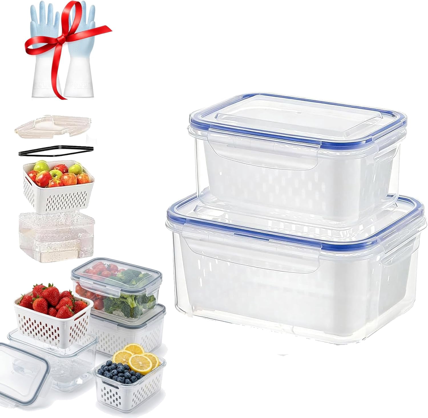 4 in 1 Food Storage Container for Fridge, Produce Storage Container with Lid, Strainer and Drain Basket, Fruit and Vegetable Keeper, Kitchen Organizer