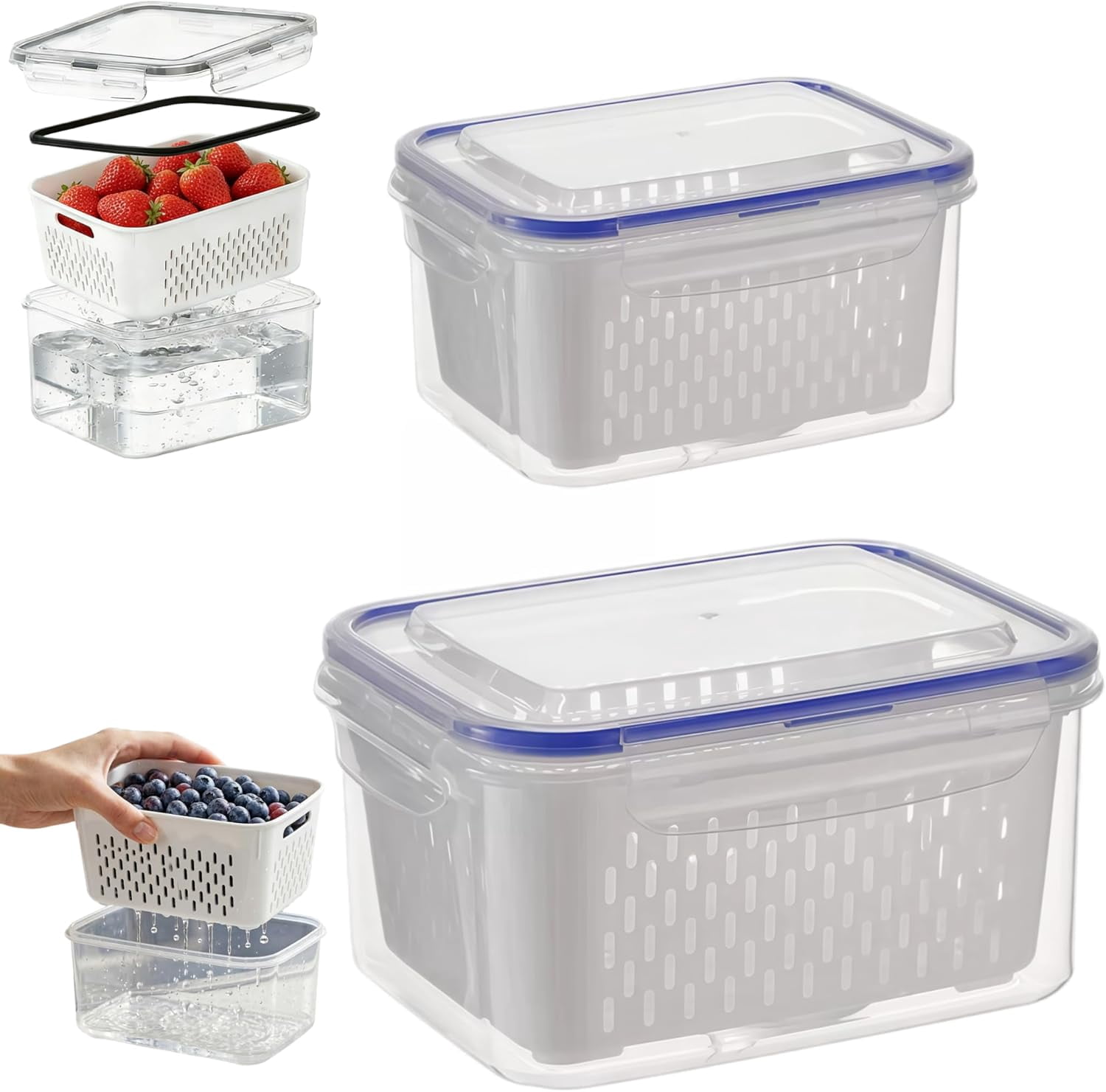 4 in 1 Food Storage Container - Fruit Storage Containers for Fridge with Colander, Stackable Produce Saver & Berry Keeper, Airtight Vegetable Organizer Box with Drain Basket (Blue, M+L)