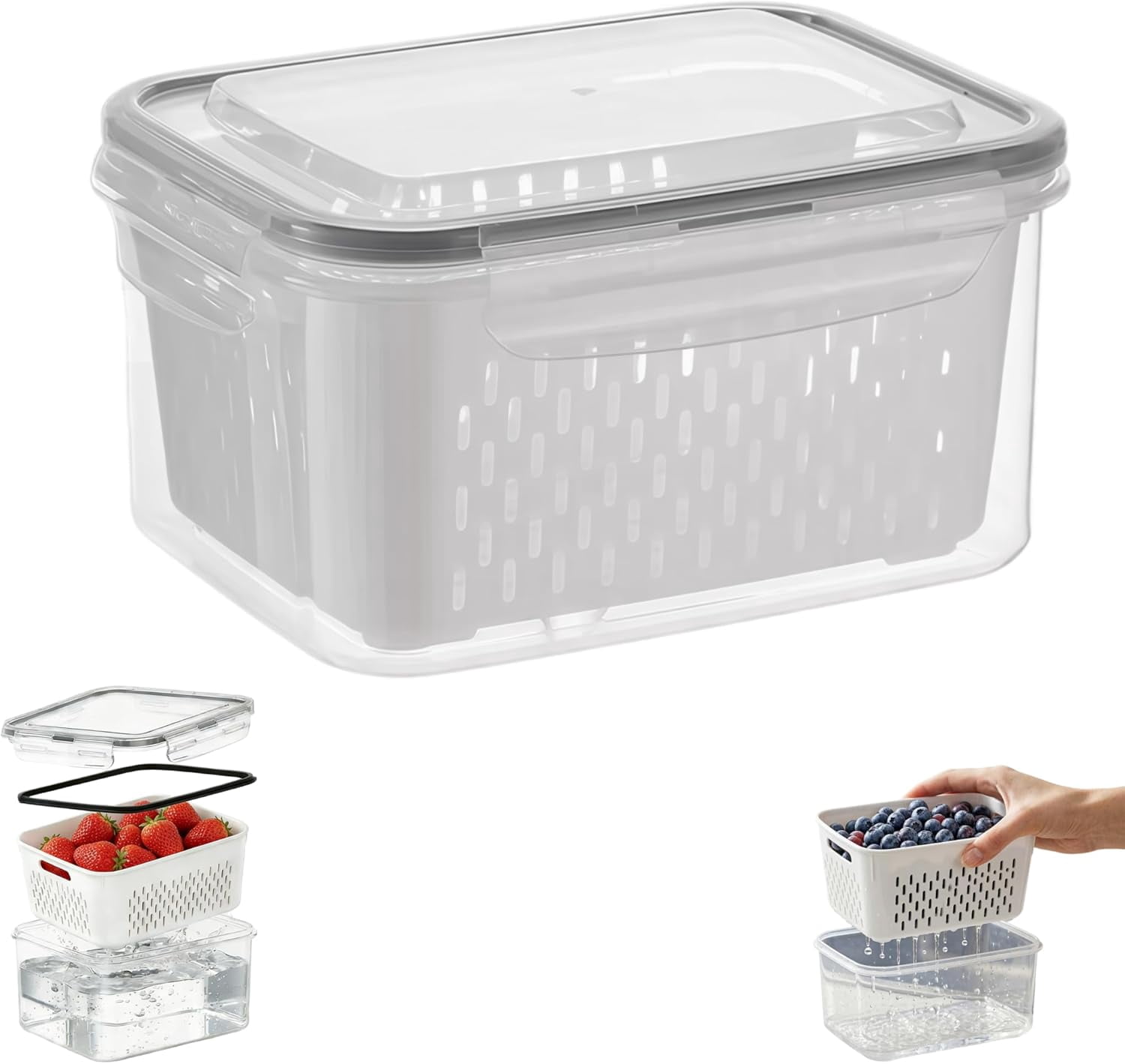 4 in 1 Food Storage Container - Fruit Storage Containers for Fridge with Colander, Stackable Produce Saver & Berry Keeper, Airtight Vegetable Organizer Box with Drain Basket (Gray, M)