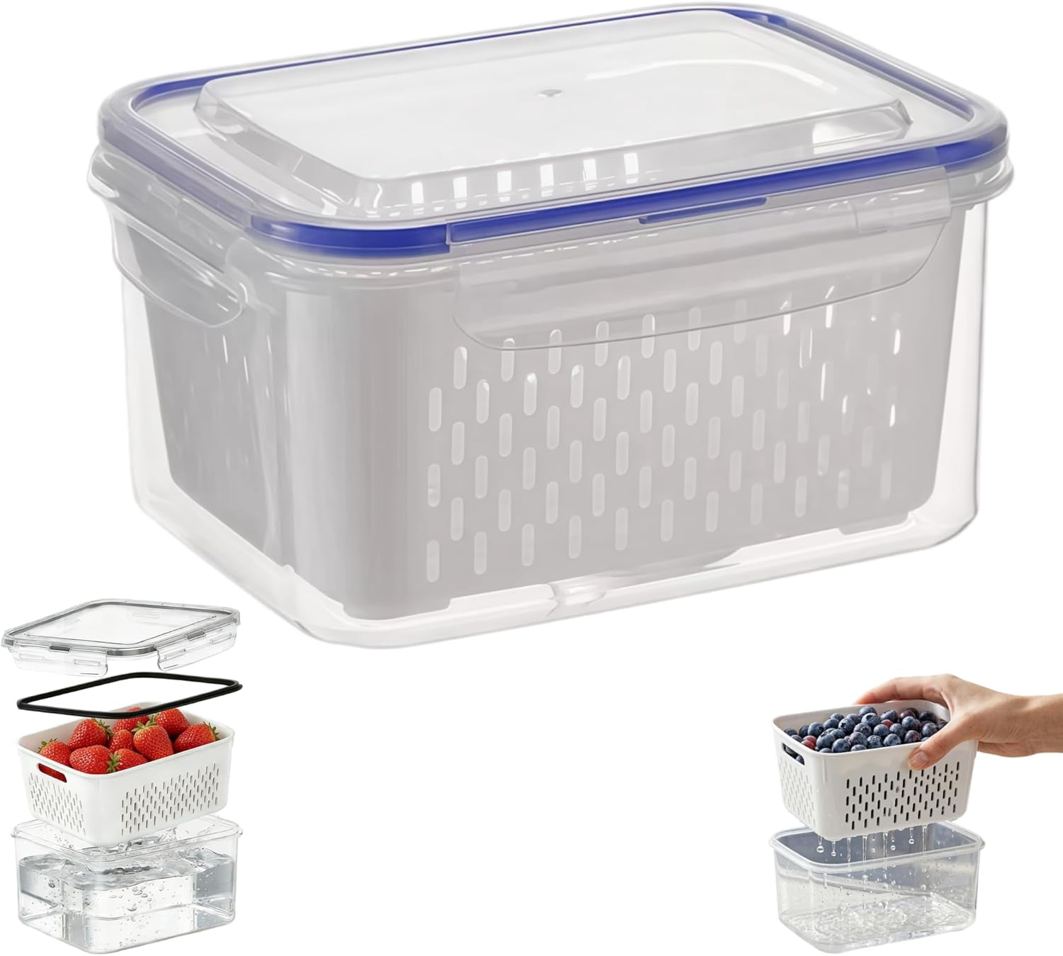 4 in 1 Food Storage Container - Fruit Storage Containers for Fridge with Colander, Stackable Produce Saver & Berry Keeper, Airtight Vegetable Organizer Box with Drain Basket (Blue, M)